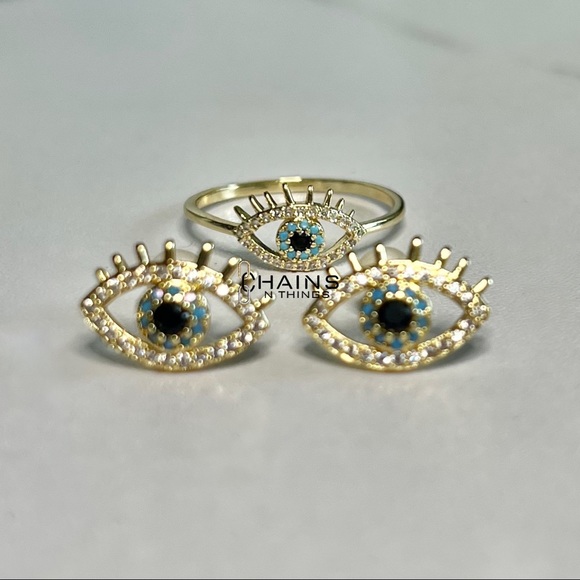 Blue eye Ring & Earrings SET gold plated sparkly zircon cute lashes boho stylish - Picture 4 of 7